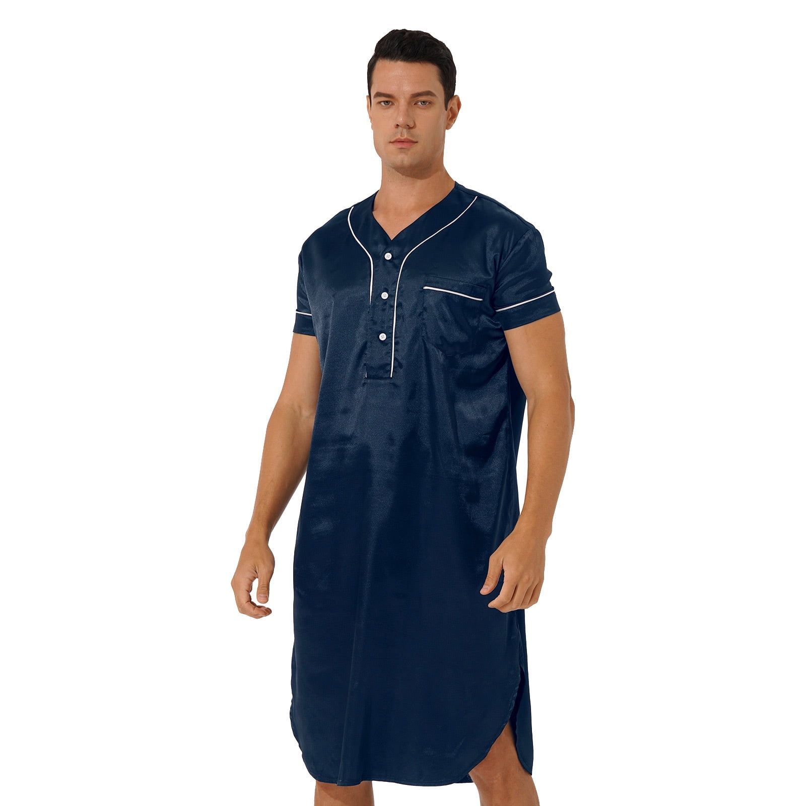 iEFiEL Mens Silky Satin Nightshirt Sleepwear Short Sleeve Button Down