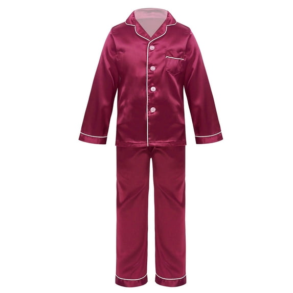 iEFiEL Unisex Kids Boys Girls Silk Pajamas Outfit Long Sleeve Tops with Pants Set Sleepwear Burgundy 10-12
