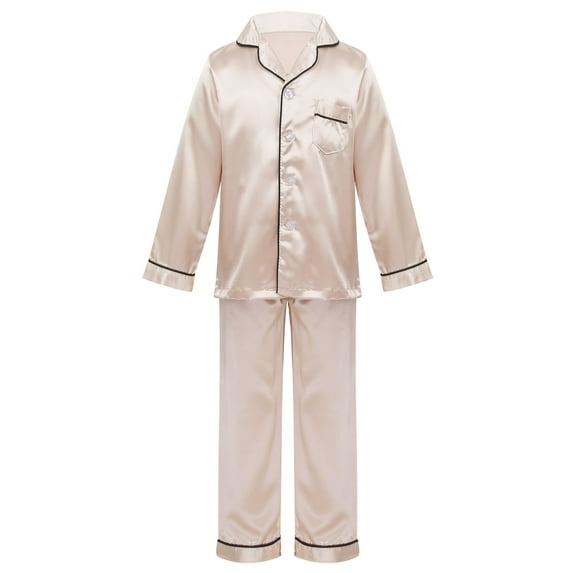 iEFiEL Unisex Kids Boys Girls Silk Pajamas Outfit Long Sleeve Tops with Pants Set Sleepwear Champagne 7-8