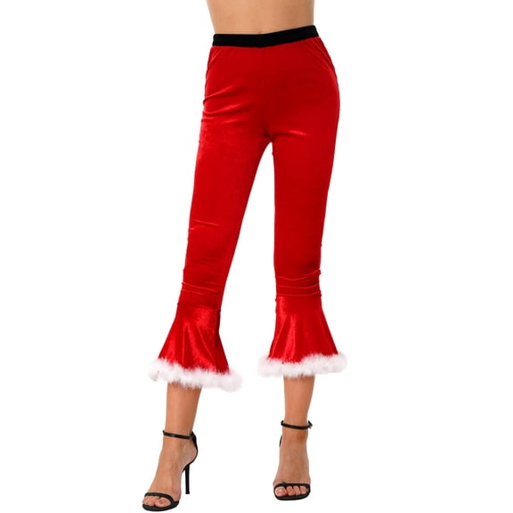 iEFiEL Women Christmas Faux Fur Adorned Flared Pants Elastic Waistband Bell Bottoms