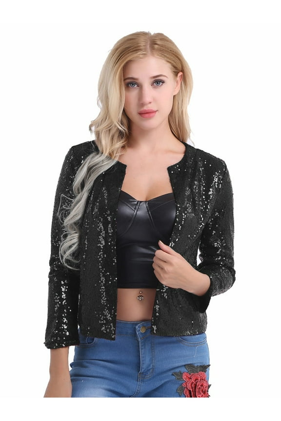 Women Long Sleeve Shiny Sequins Cardigan Office Work Slim Blazer Jacket Coat