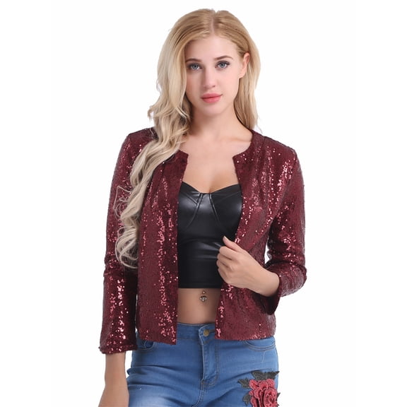 iEFiEL Women Long Sleeve Shiny Sequins Cardigan Office Work Slim Blazer Jacket Coat