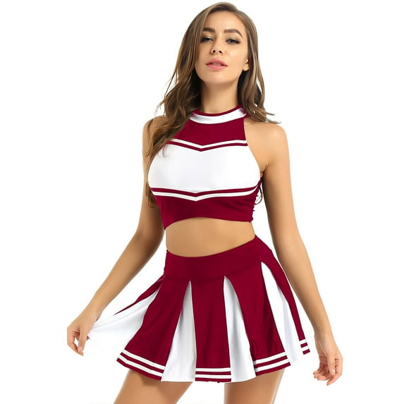 iEFiEL Women's Cheer Leader Costume Uniform Crop Top with Pleated Mini Skirt Cheerleading Dress Outfit Wine Red XL