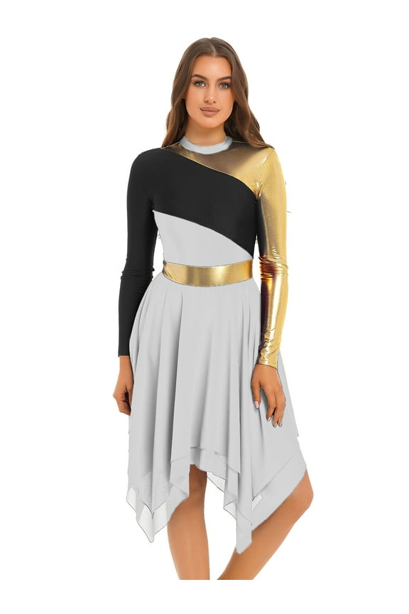 Women's Praise Liturgical Dance Dress Long Sleeve Metallic Color Block High Low Worship Dancewear White S