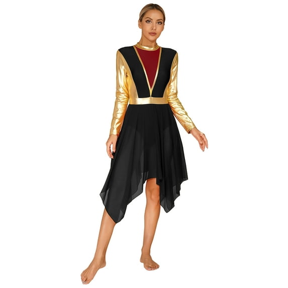 iEFiEL Womens Asymmetrical Overlay Liturgical Praise Dance Leotard Dress Long Sleeve Worship Costume Dancewear Black M