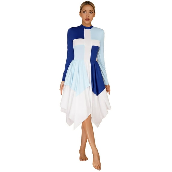 iEFiEL Womens Asymmetrical Praise Dance Dress Long Sleeve Overlay Choir Worship Costume Church Liturgical Dancewear Blue XL
