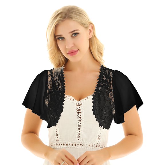 iEFiEL Womens Chiffon Shrug Cardigan Solid Cropped Bolero for Wedding Evening Party Black-B L