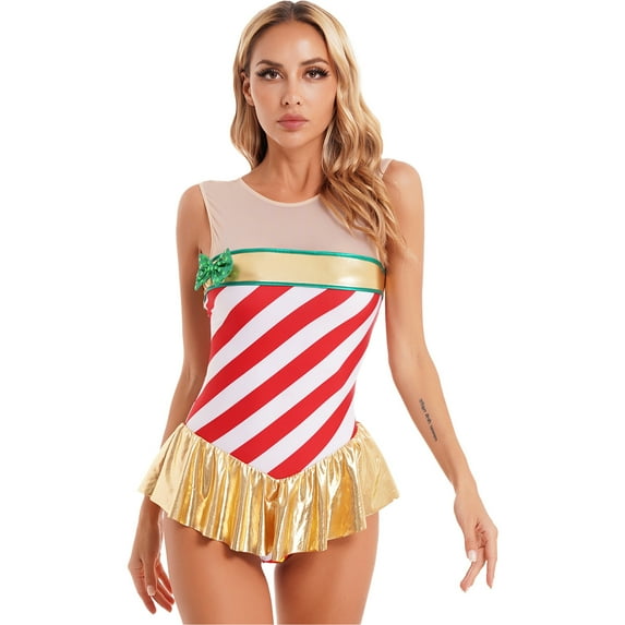 iEFiEL Womens Christmas Candy Cane Costume Sleeveless Mesh Patchwork Ballerina Dance Leotard Red XL