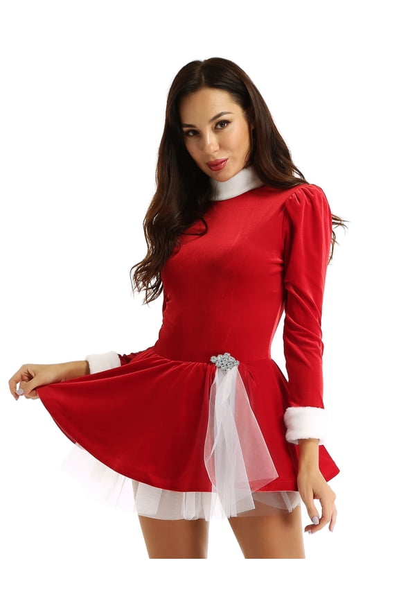 Womens Christmas Dance Costume Velvet Long Sleeves Skating Leotard Dress Red Medium