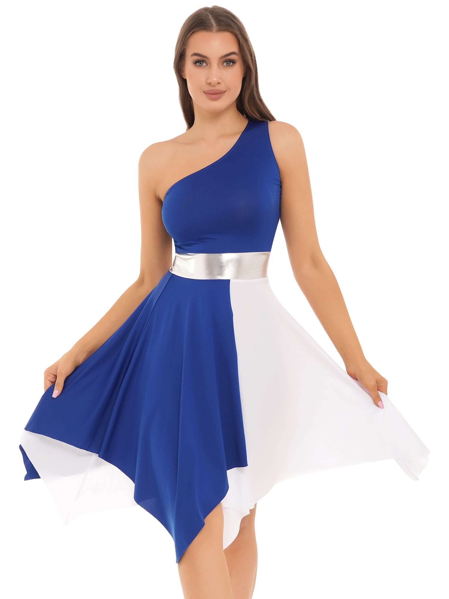 iEFiEL Womens Color Block Asymmetrical Hem Dance Dress Liturgical Praise  Lyrical Dance Costume Royal_Blue XL