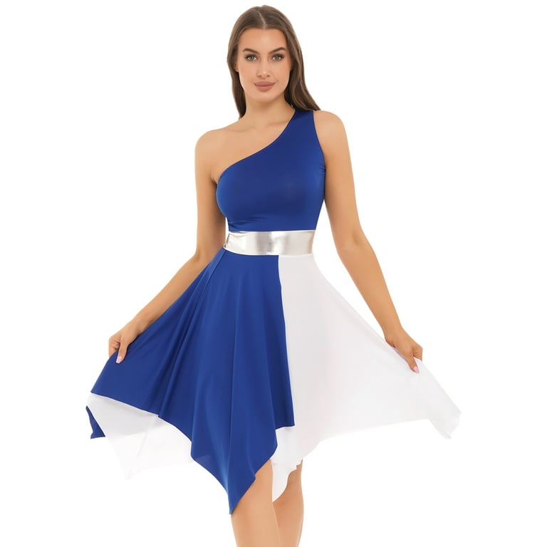 iEFiEL Womens Color Block Asymmetrical Hem Dance Dress Liturgical Praise  Lyrical Dance Costume Royal_Blue XL 