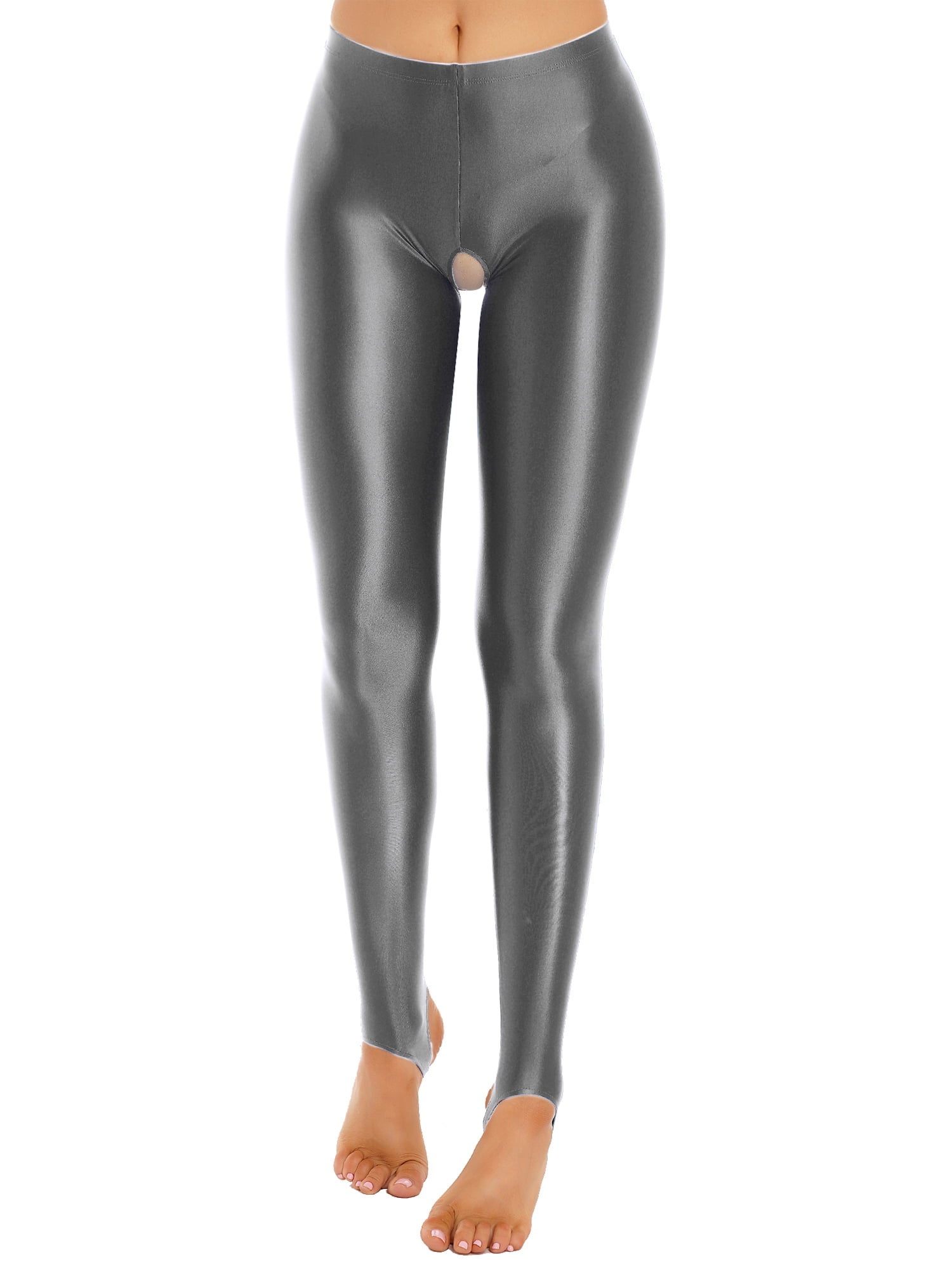 iEFiEL Womens Crotchless Stirrup Tights Glossy Yoga Sports Leggings  Nightwear Black XL 
