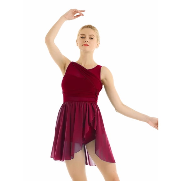 iEFiEL Womens Cutout Back Asymmetric Ballet Lyrical Dance Leotard Dress Wine Red Small