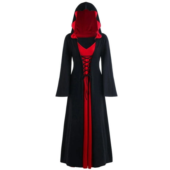 iEFiEL Womens Dress with Hood Halloween Witches Costume Medieval Renaissance Lace-up Gown Vintage Robe Maxi Dress Red 5XL