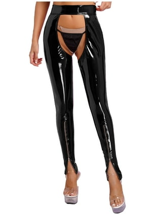 WOMEN Zipper Open Crotch See Transparent Trousers Ultra SHINY Silky Leggings