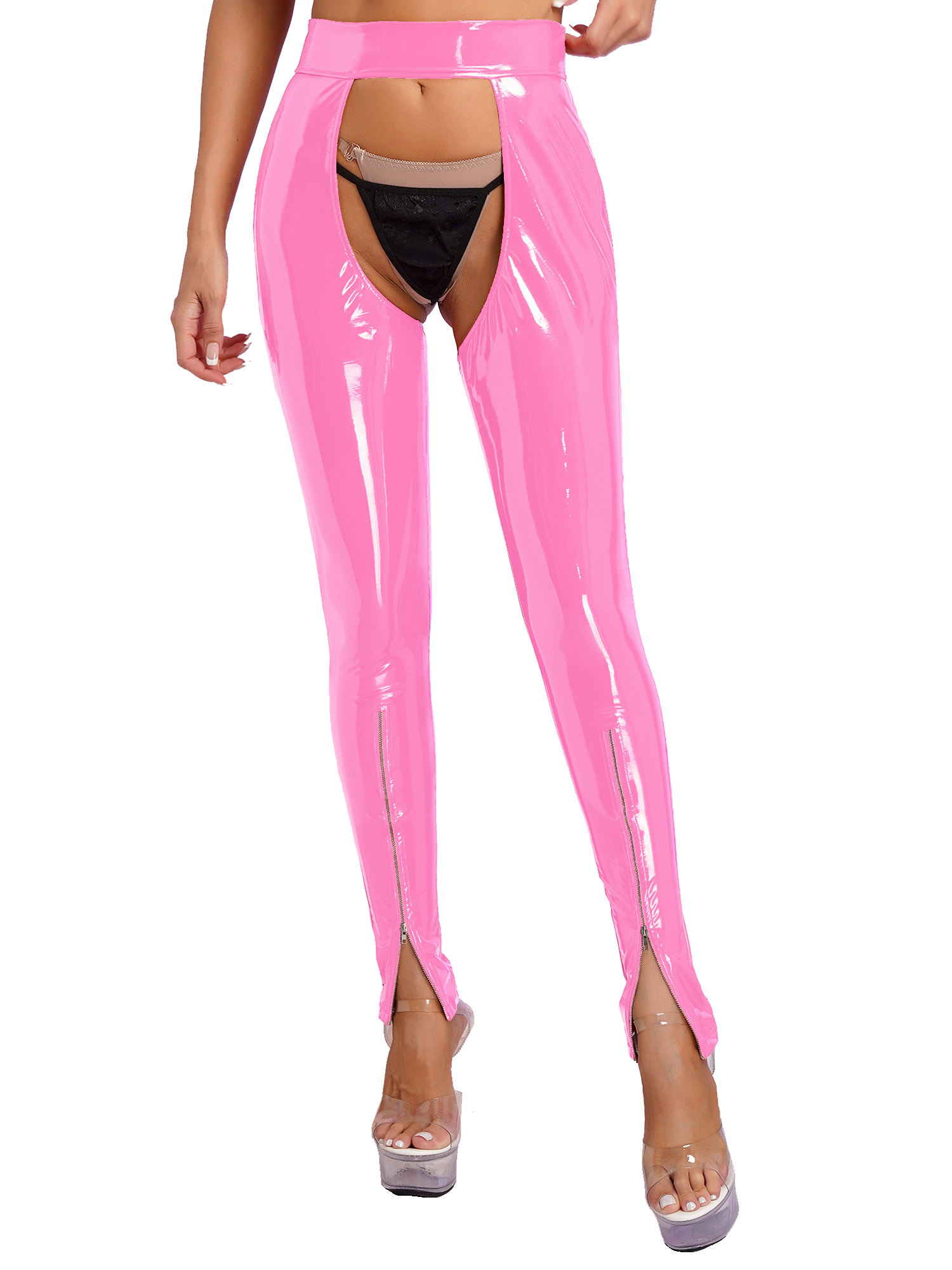 iEFiEL Womens Exotic High Waist Shiny Pants Latex Wet Look Leggings Open  Crotch Backless Skinny Pants Pink L