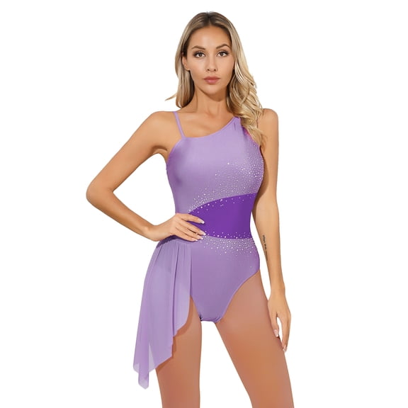 iEFiEL Womens Figure Skating Ballet Gymnastics Leotard Sleeveless Rhinestones Modern Lyrical Dance Bodysuit Light Purple S
