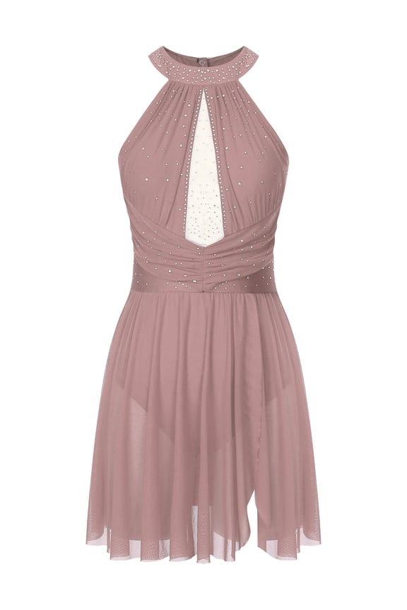 Womens Figure Skating Lyrical Dance Performance Costume Ruched Mesh Patchwork Backless Dress Dancewear Dusty Pink S