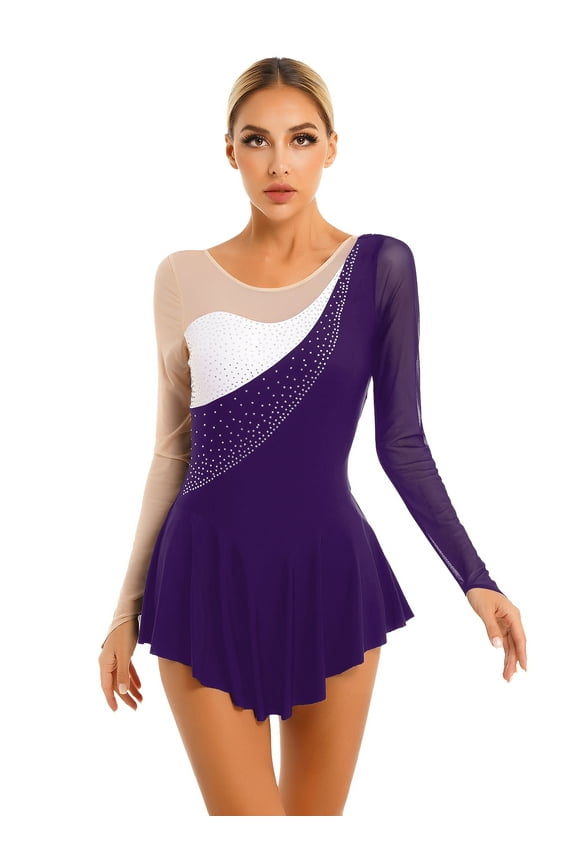 Womens Figure Skating Performance Costume Sparkling Rhinestone Mesh Sleeve Dress Dancewear