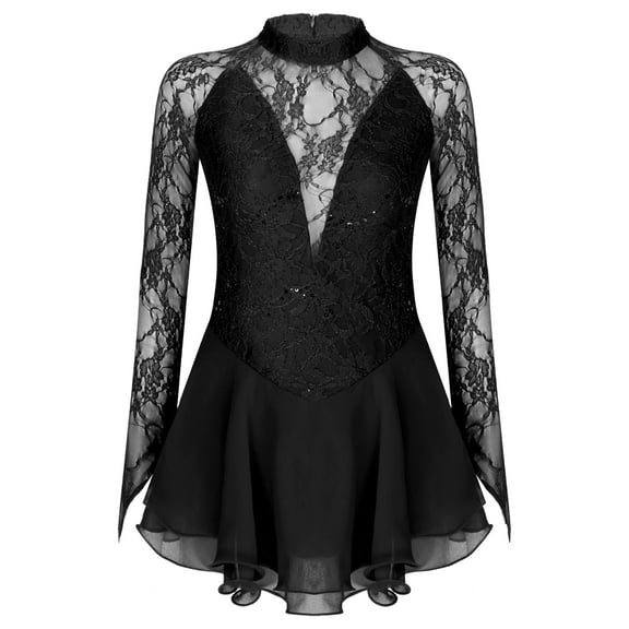 iEFiEL Womens Floral Lace Ballet Dance Skirted Leotard Long Sleeve Figure Ice Skating Dress Black S