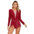 thumbnail image 1 of iEFiEL Womens Glitter Rhinestone Figure Skating Costume Long Sleeve Open Back Tassels Leotard for Gymnastics Lyrical Dance Burgundy L, 1 of 7