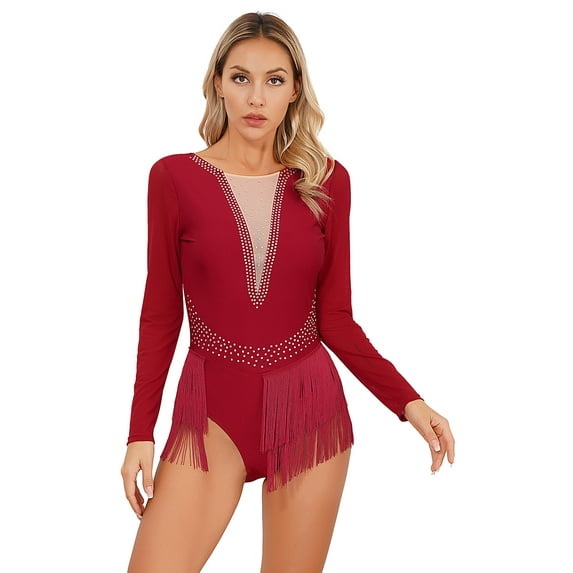 iEFiEL Womens Glitter Rhinestone Figure Skating Costume Long Sleeve Open Back Tassels Leotard for Gymnastics Lyrical Dance Burgundy S