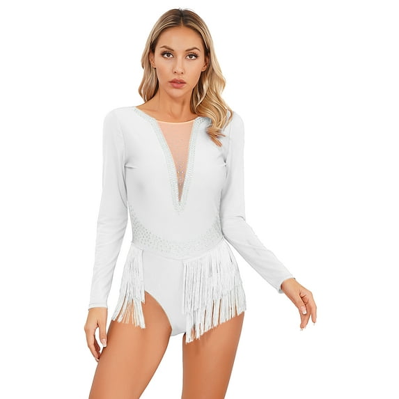 iEFiEL Womens Glitter Rhinestone Figure Skating Costume Long Sleeve Open Back Tassels Leotard for Gymnastics Lyrical Dance White XXL