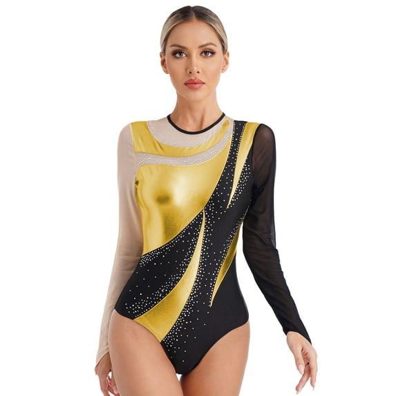 iEFiEL Womens Gymnastics Dance Leotard Metallic Mesh Long Sleeve Acrobatics Leotard Ballet Performance Costume Gold XXL
