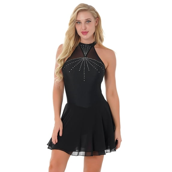 iEFiEL Womens Halter Shiny Rhinestone Skating Dress Sleeveless Mesh Splice Dance Costume