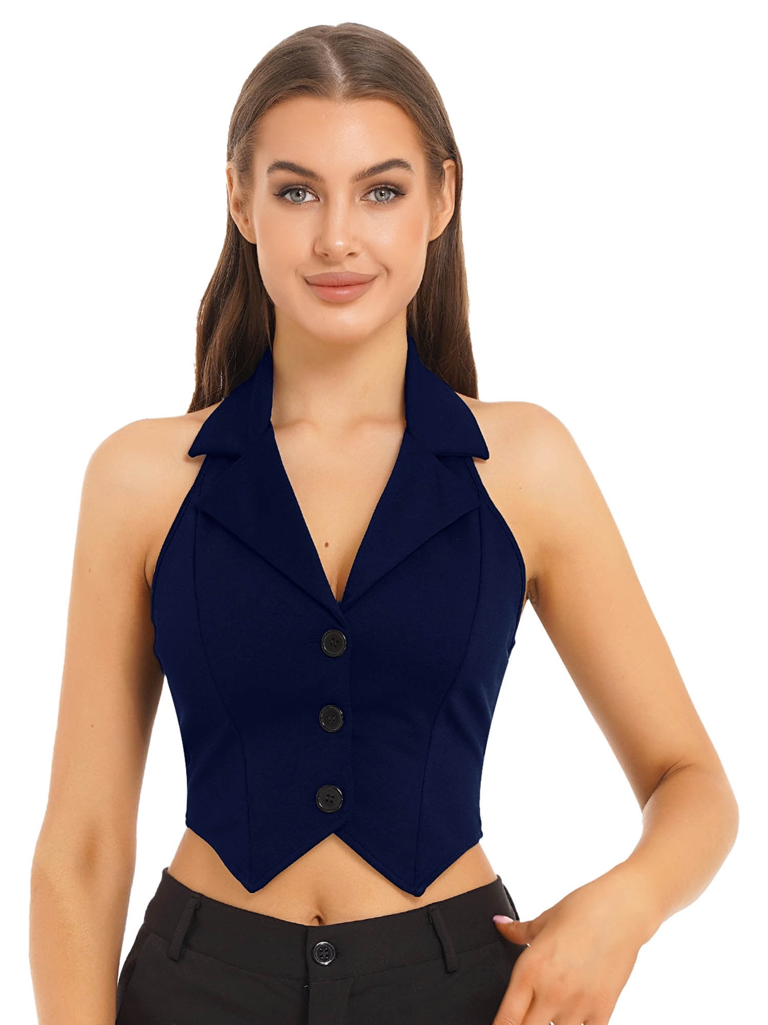 iEFiEL Womens Halter V Neck Button Down Crop Top Formal Suit Waistcoat Vest  Business Work Wear Navy Blue XL 