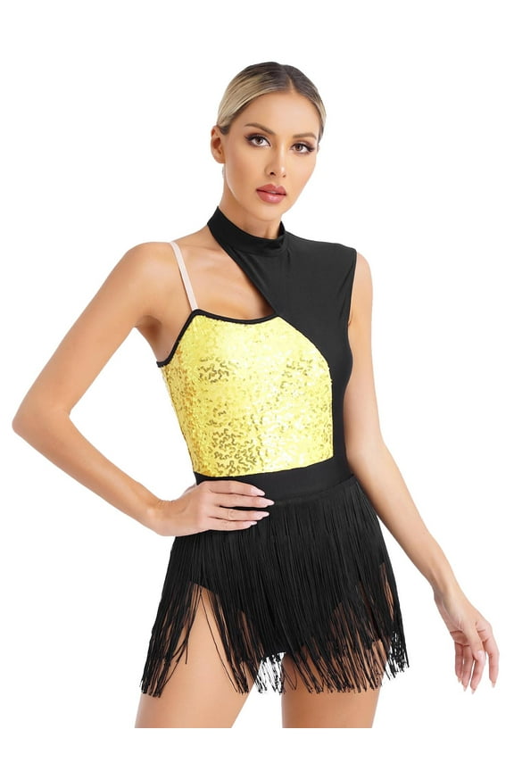 Womens Jazz Dance Leotard Sleeveless Tassels Fringed Hem Dance Dress Latin Tango Dancewear Gold L