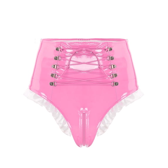 iEFiEL Womens Latex Panties Underwear Glossy Lace-up Zipper Crotch Bottoms for Nightclub Raves Party Pink S