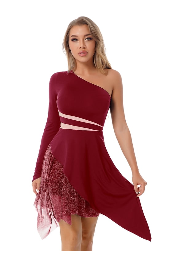 Womens Latin Ballroom Dance Costume Asymmetrical One Shoulder Performance Dance Dresses