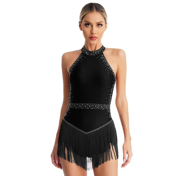 iEFiEL Womens Latin Dance Leotard Halter Shiny Rhinestones Sleeveless Tassel Bodysuit Ballroom Tango Cha-Cha Costume Black L