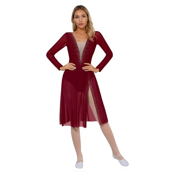 iEFiEL Womens Lyrical Dance Leotard Dress Ballet Gymnastics Skating Costume Long Sleeve Rhinestone Split Sheer Dancewear Burgundy XL