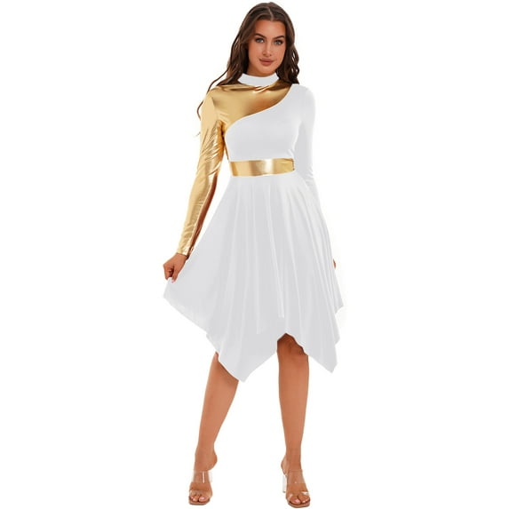 iEFiEL Womens Metallic Color Block Lyrical Dance Costume Long Sleeve Asymmetric Worship Liturgical Dress