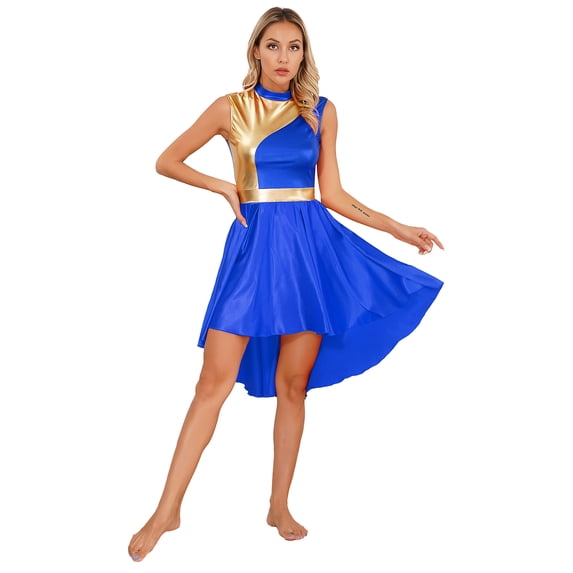 iEFiEL Womens Metallic Praise Dance Dress Color Contrast Sleeveless Liturgical Worship Dance Dress Dancewear Royal Blue S