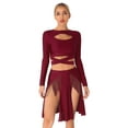 thumbnail image 1 of iEFiEL Womens Modern Lyrical Dance Costume Latin Performance Outfit Long Sleeve Crop Top with Split Tassel Skirt Burgundy XL, 1 of 7