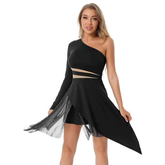 iEFiEL Womens One Shoulder Sequins Ballet Dance Dress Mesh Long Sleeve Dancewear Black M