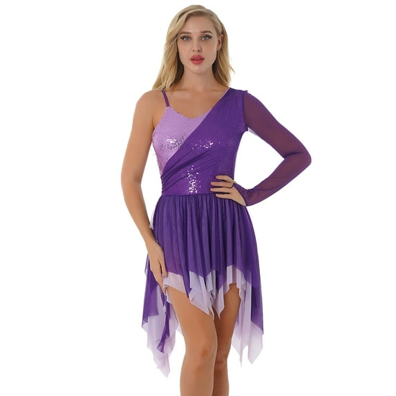 iEFiEL Womens One Shoulder Sequins Ballet Dance Dress Mesh Long Sleeve Dancewear Purple L