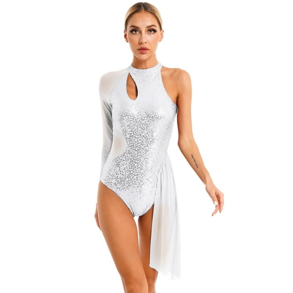 iEFiEL Womens Overall Shiny Sequins Dance Leotard One Mesh Shoulder Skating Gymnastics Dress Silver XL