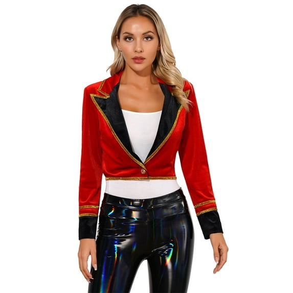 iEFiEL Womens Ringmaster Fringed Jacket Velvet Lion Tamer Outfit Long Sleeve Vintage Gothic Punk Coat Red 3XL