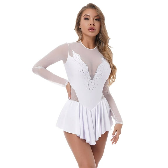 iEFiEL Womens Shiny Rhinestone Ballet Dance Dress Mesh Patchwork Leotard Ice Skating Costume Dress