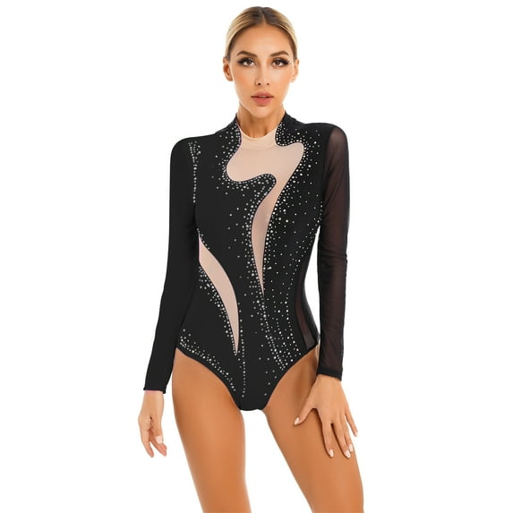 iEFiEL Womens Shiny Rhinestone Dance Leotard Long Sleeve Ballet Gymnastics Bodysuit Acrobatics Figure Skating Costume Black XL