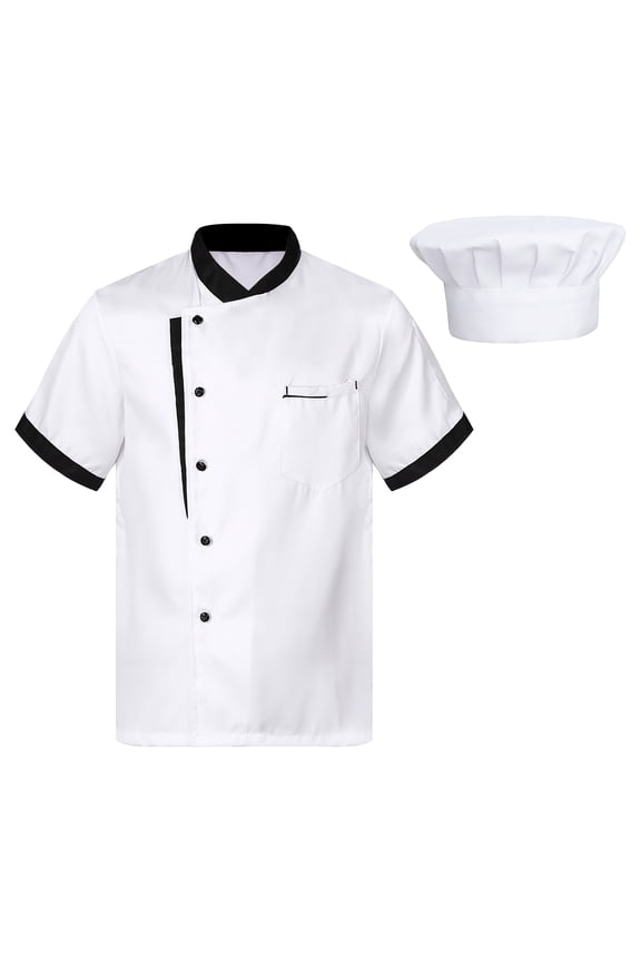 Womens Short Sleeve Chef Coat Button Cook Jacket Bakery Canteen Restaurant Uniform with Hat White 4XL