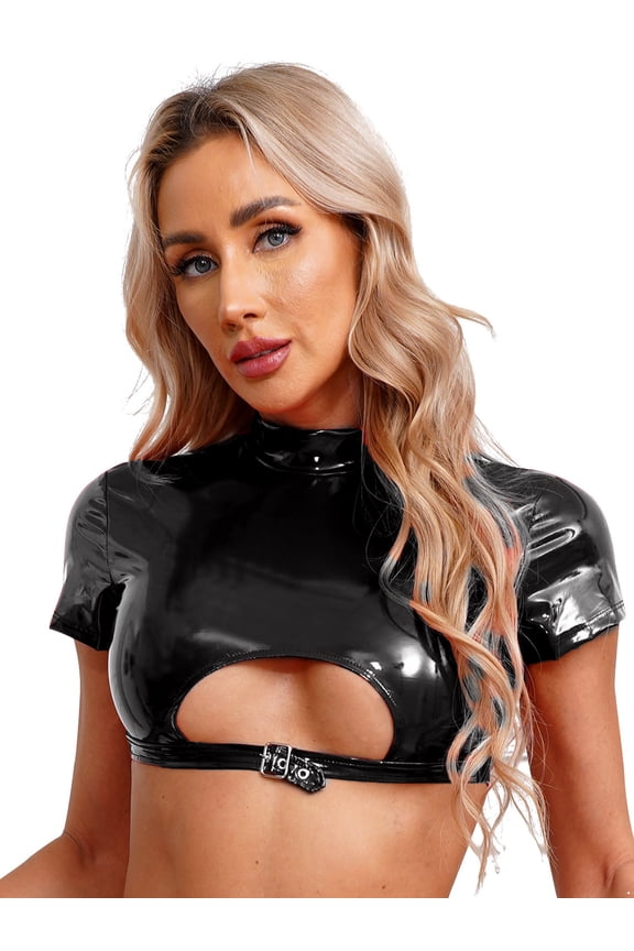 Womens Short Sleeve Crop Top Patent Leather Back Zipper Disco Tops Nightclub Rave Dance Camisole Black L