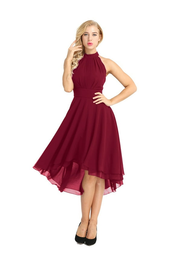 Womens Sleeveless Halter Neck Bridesmaid Dress High Low Evening Party Flare Dress