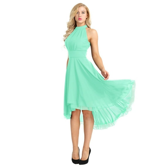 iEFiEL Womens Sleeveless Halter Neck Bridesmaid Dress High Low Evening Party Flare Dress