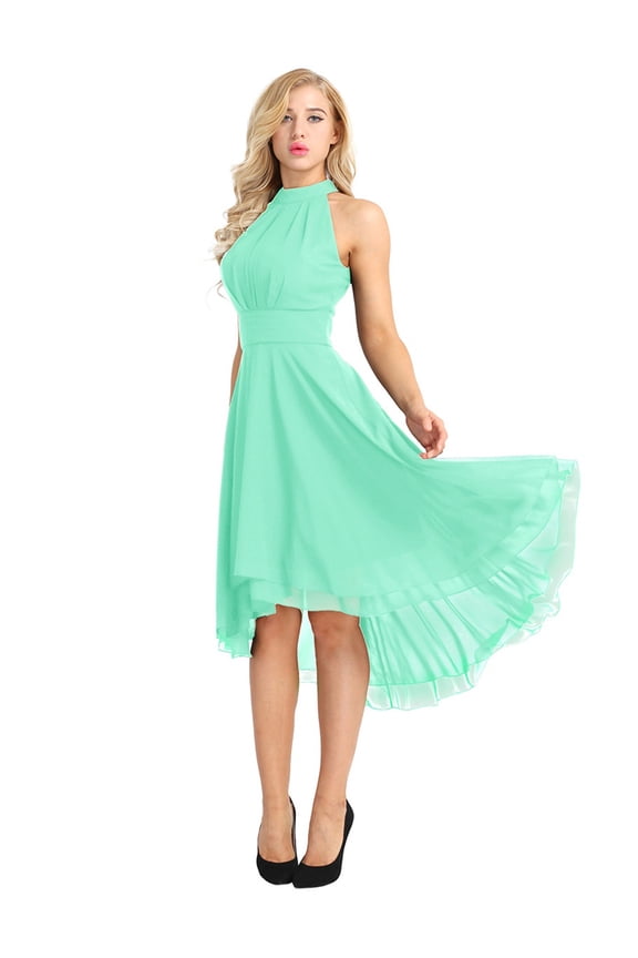 Womens Sleeveless Halter Neck Bridesmaid Dress High Low Evening Party Flare Dress
