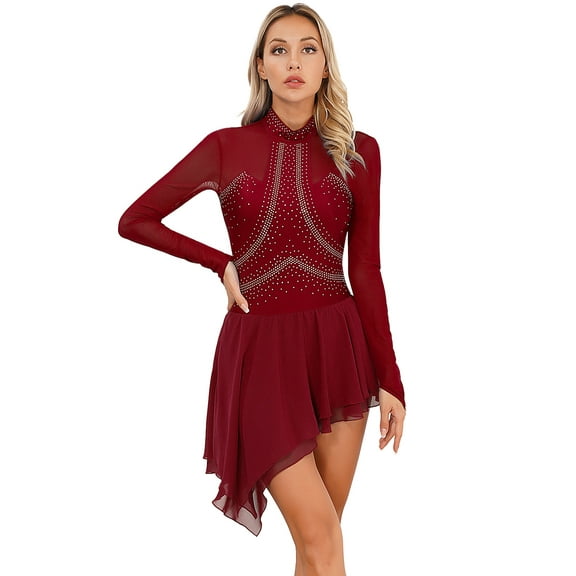 iEFiEL Womens Sparkly Rhinestone Skating Dance Dress Sheer Mesh Patchwork Open Back Dress Lyrical Dancewear Burgundy M